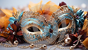 Elegant gold mask, feathered costume, Mardi Gras celebration generated by AI