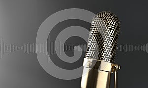 Elegant gold microphone sideways on a black background with sound waves. podcast, live, streaming concept. 3d rendering