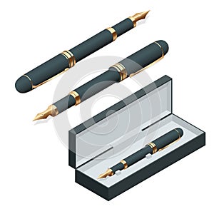Elegant gold plated business fountain pen on white background. Flat 3d vector isometric illustration