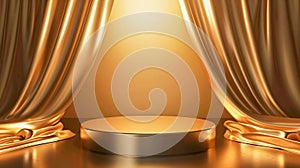 Elegant Gold Podium with Luxurious Silk Drapes. Generative ai