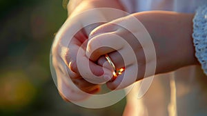 Elegant gold ring on the hand of a youthful girl, sparkling in the radiant sunlight