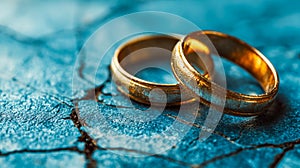 Close-up of intertwined gold wedding bands on textured blue surface