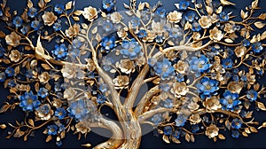 Elegant gold and royal blue floral tree with seamless leaves and flowers hanging branches illustration background