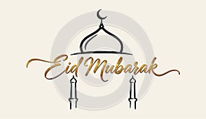 Elegant Gold Script Eid Mubarak Greeting with Mosque Dome and Minarets