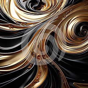 Elegant Gold and Silver Swirls on Glossy Black: A Captivating Display of Opulence