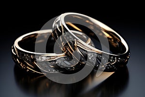 Elegant gold wedding bands on dark background