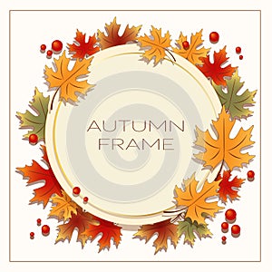 Elegant golden autumn frame with colorful maple leaves and red berries with space for text.