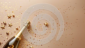 An elegant golden champagne bottle lies amidst a festive spray of confetti and stars on a neutral backdrop. Generated image