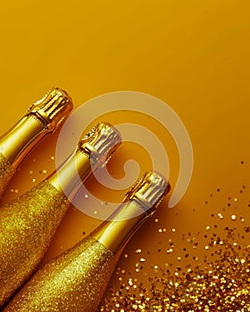 Elegant Golden Champagne Bottles with Glitter on Shimmering Gold Background for Festive Celebrations