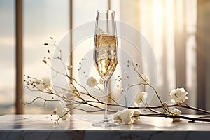 Elegant Golden Champagne Flute on Reflective Marble - New Years Eve Celebration