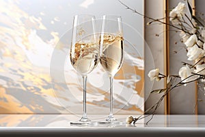 Elegant Golden Champagne Flute on Reflective Marble - New Years Eve Celebration