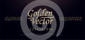 Elegant Golden Colored Metal Chrome alphabet font. Gold typography classic style serif font set