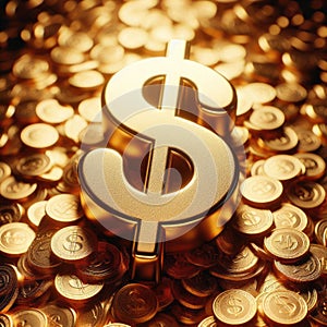 Elegant Golden Dollar Sign Over a Sea of Gleaming Coins Background AI