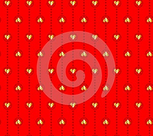 Elegant golden hearts. Repeating on red background. Seamless pattern.