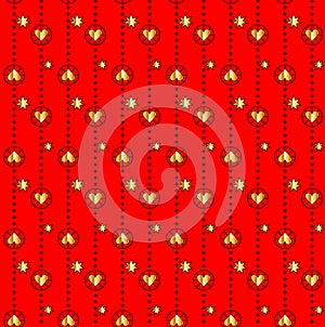 Elegant golden hearts and stars. Repeating on red background. Seamless pattern.