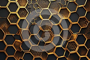 Elegant golden honeycomb on black, rich allure, abstract beauty