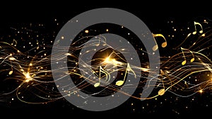 Elegant golden musical notes floating on a black backdrop. Dynamic, abstract design for music themes. Perfect for