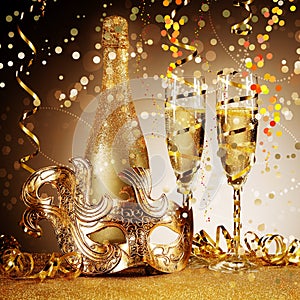 Elegant Golden Party Mask with Champagne