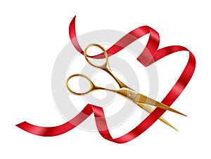 Elegant Golden Scissors. Red Ribbon Cutting Ceremony for Grand Opening