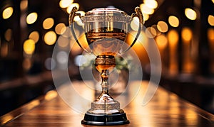 Elegant Golden Trophy Cup on Wooden Table with Blurred Background Symbolizing Achievement Success and Championship Victory