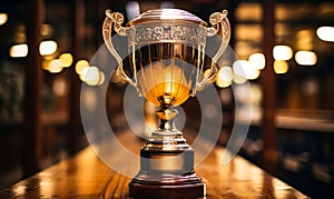 Elegant Golden Trophy Cup on Wooden Table with Blurred Background Symbolizing Achievement Success and Championship Victory