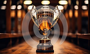 Elegant Golden Trophy Cup on Wooden Table with Blurred Background Symbolizing Achievement Success and Championship Victory