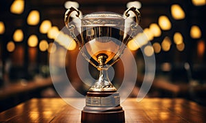 Elegant Golden Trophy Cup on Wooden Table with Blurred Background Symbolizing Achievement Success and Championship Victory