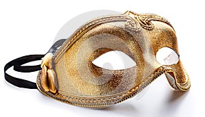 Elegant Golden Venetian Mask with Intricate Embossed Designs and Ornate Border on White Background photo