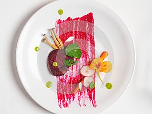 Elegant Gourmet Fine Dine Carrot, Radish, Mushroom with a Brushed Beetroot Reduction and Garnished with Nasturtium Flower and Peta