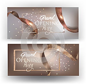 Elegant grand opening beige cards with realictic ribbons.