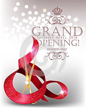 Elegant grand opening card with textured curled red ribbon and scissors.