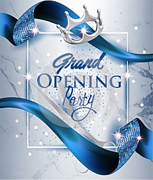 Elegant grand opening invitation card with blue textured curled blue ribbon and marble background.