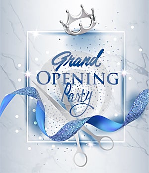 Elegant grand opening invitation card with blue textured curled ribbon and marble background.