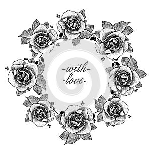 Elegant graphic round frame with roses, love and wedding theme