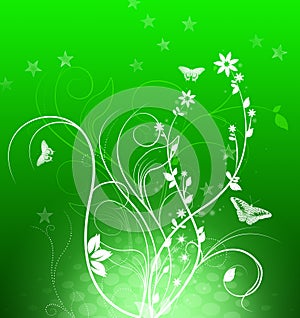 Elegant green background with swirls, flowers and butterflies and space for your text. Spring illustration