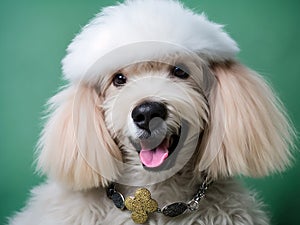 Elegant in Green: Close-Up of a White Poodle in a Verdant Scene