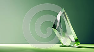 Elegant green crystal sculpture on a green gradient background, showcasing sharp geometric shapes and reflections