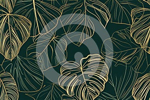 Elegant Green Floral Pattern Illustration Featuring Golden Splitleaf Philodendron And Monstera Plant Line Art