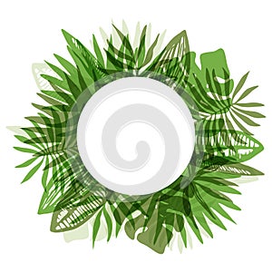 Elegant green round frame of tropical leaves