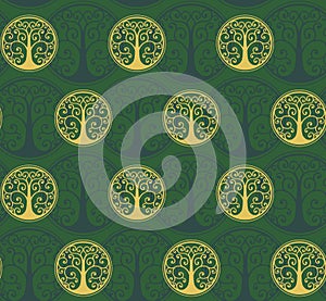 Elegant green seamless pattern with tree emblem
