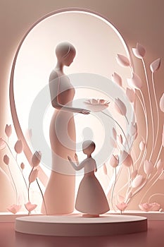 Elegant greeting card background, silhouett mom and daughter on pink background. Happy Mother's day