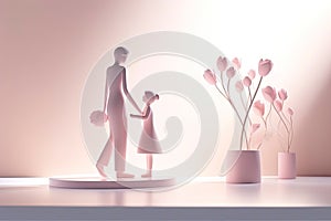 Elegant greeting card background, silhouett mom and daughter on pink background. Happy Mother's day. Ai generative