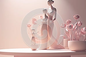 Elegant greeting card background, silhouett mom and daughter on pink background. Happy Mother's day. AI generative