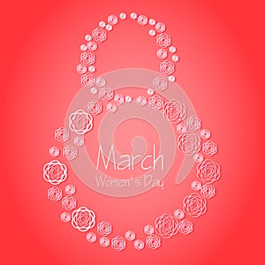 Elegant greeting card design with rose flowers for International Women s Day celebration on red shiny background. Vector