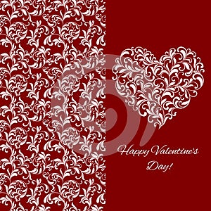 Elegant greeting postcard for Valentine`s Day. Heart from floral ornament