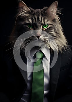 Elegant grey cat wearing a formal black suit and a green necktie, poised for a special occasion