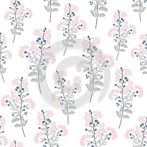 Elegant grey pink floral branches on light fabric. Vector seamless pattern. Delicate retro repeat pattern background.