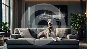 elegant greyhound lying on a large sofa in a modern apartment illuminated by a large window