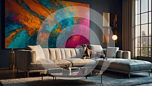 elegant greyhound lying on a large sofa in a modern apartment illuminated by a large window