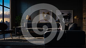 elegant greyhound lying on a large sofa in a modern apartment illuminated by a large window